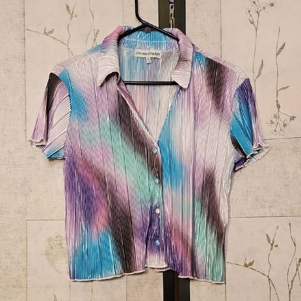 Almost Famous Purple and Blue Short Sleeve Crop Button Down Shirt